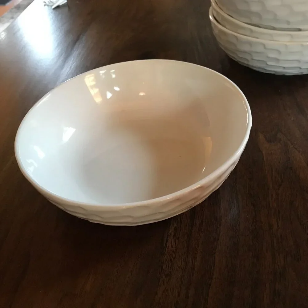 WEST ELM Set of Four Cereal / Pasta Bowls, Textured, White Ceramic